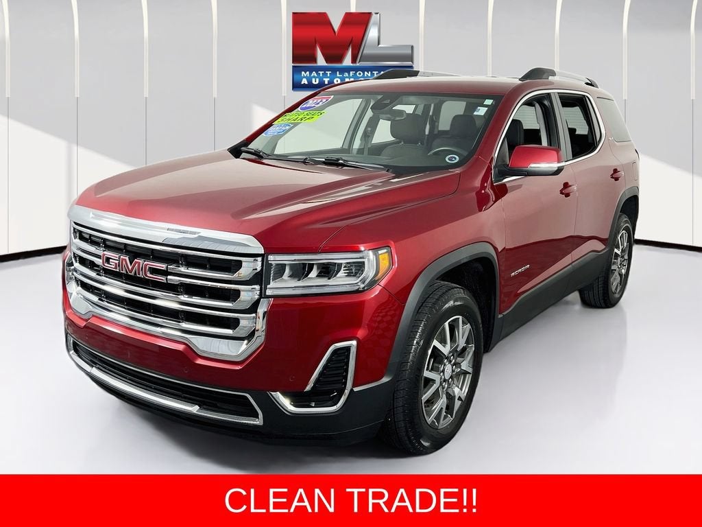 2023 GMC Acadia SLE in Volcanic Red Tintcoat — front three-quarter view